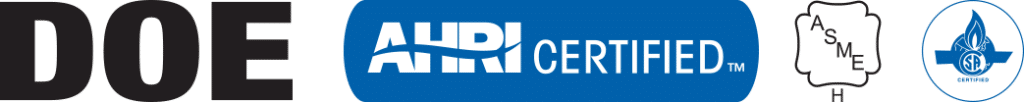 Logos for DOE, AHRI Certified, ASME, and CSA in a horizontal arrangement.